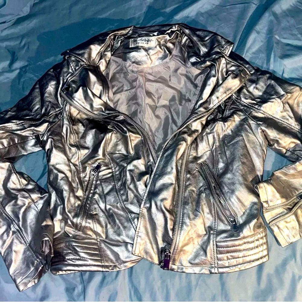 Miss Selfridge Metallic Silver Vegan Motorcycle Jacket Womens SzL